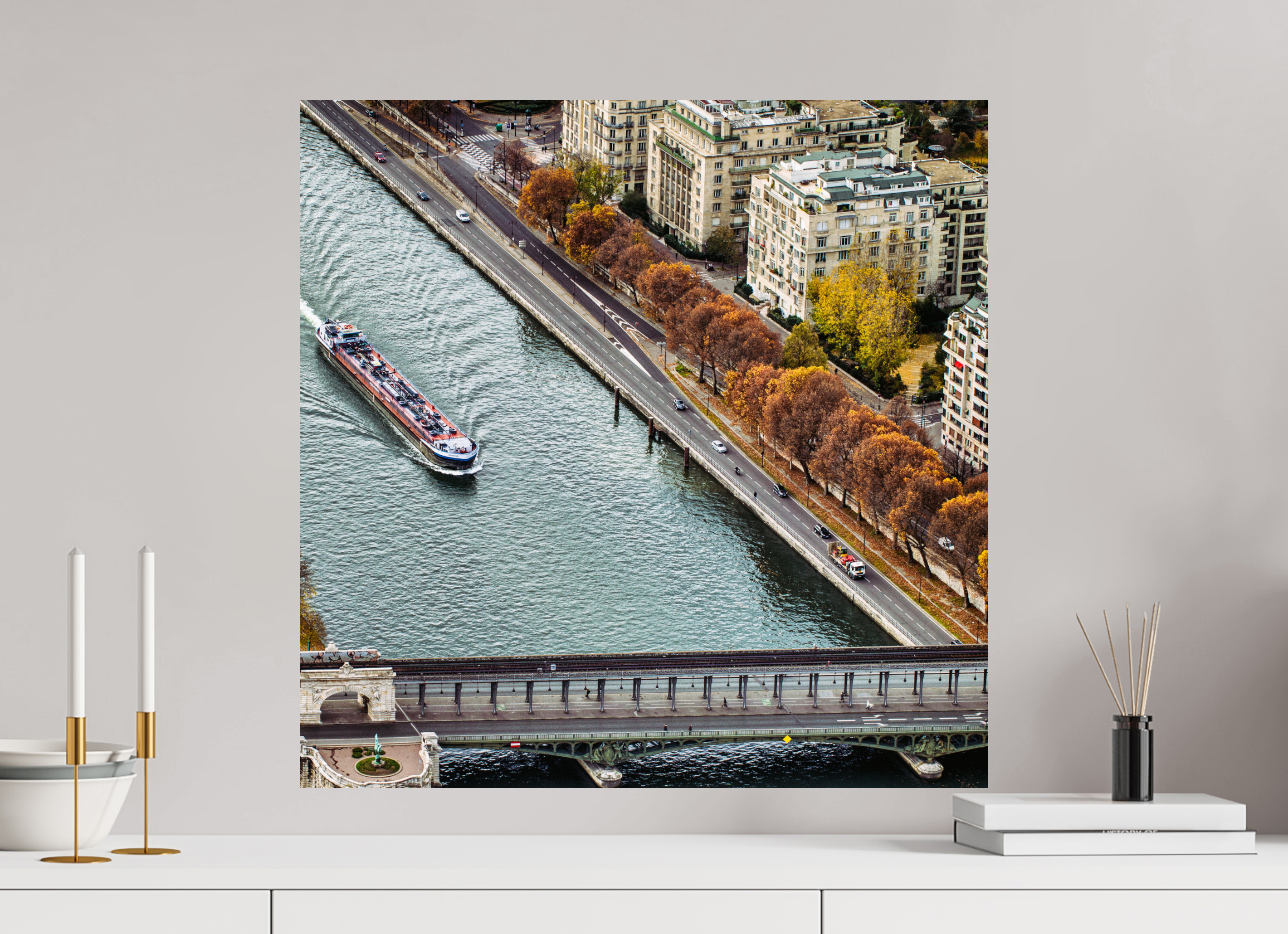60 x 60 cm, Alu-Dibon couleur Tirage photo [ Paris - Vue sur berge ] - Photographie d'art