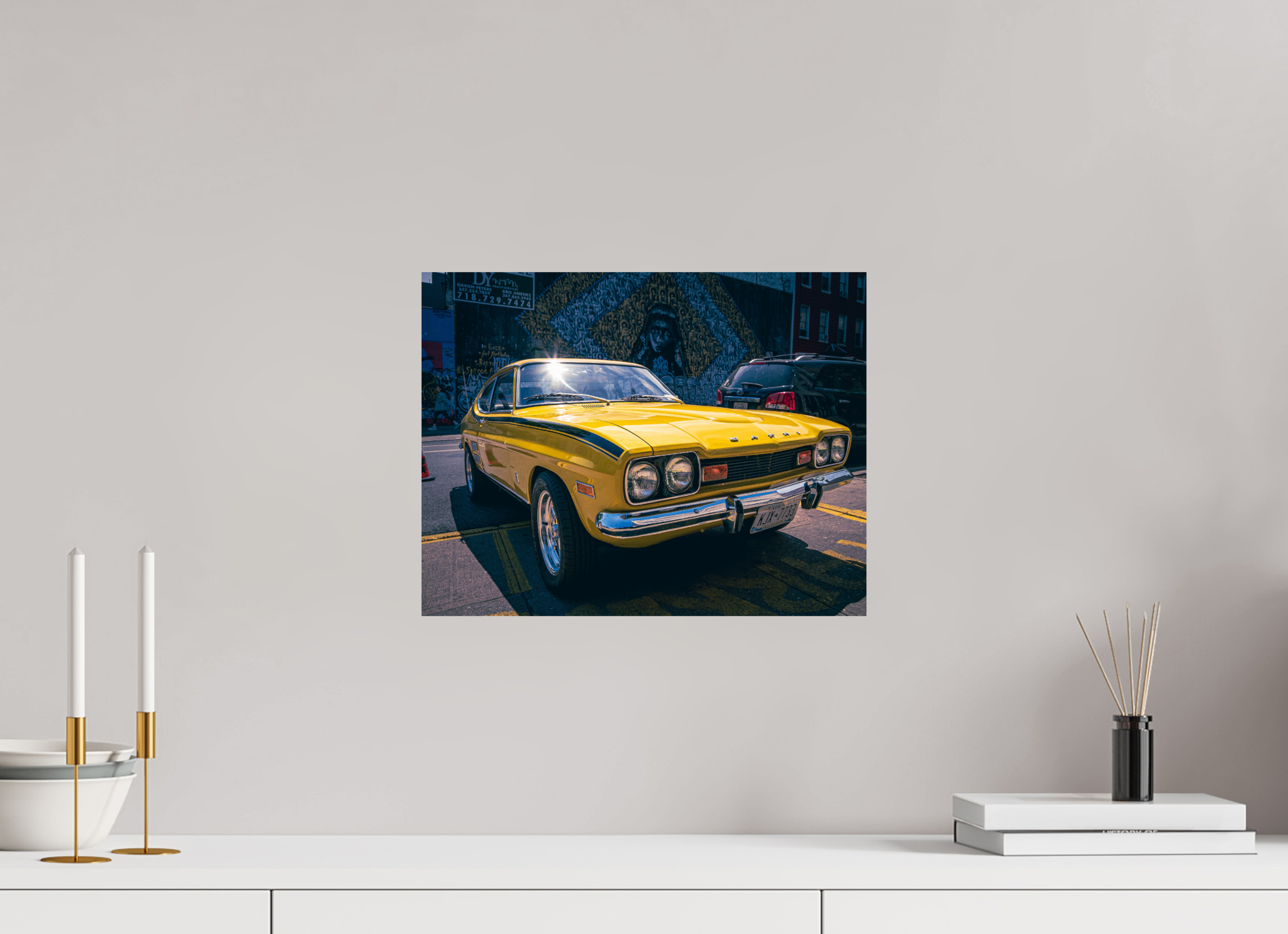 38,8 x 30 cm, Alu-Dibon couleur Tirage photo [ New York - Ford Capri 2000 GT ] - Photographie d'art