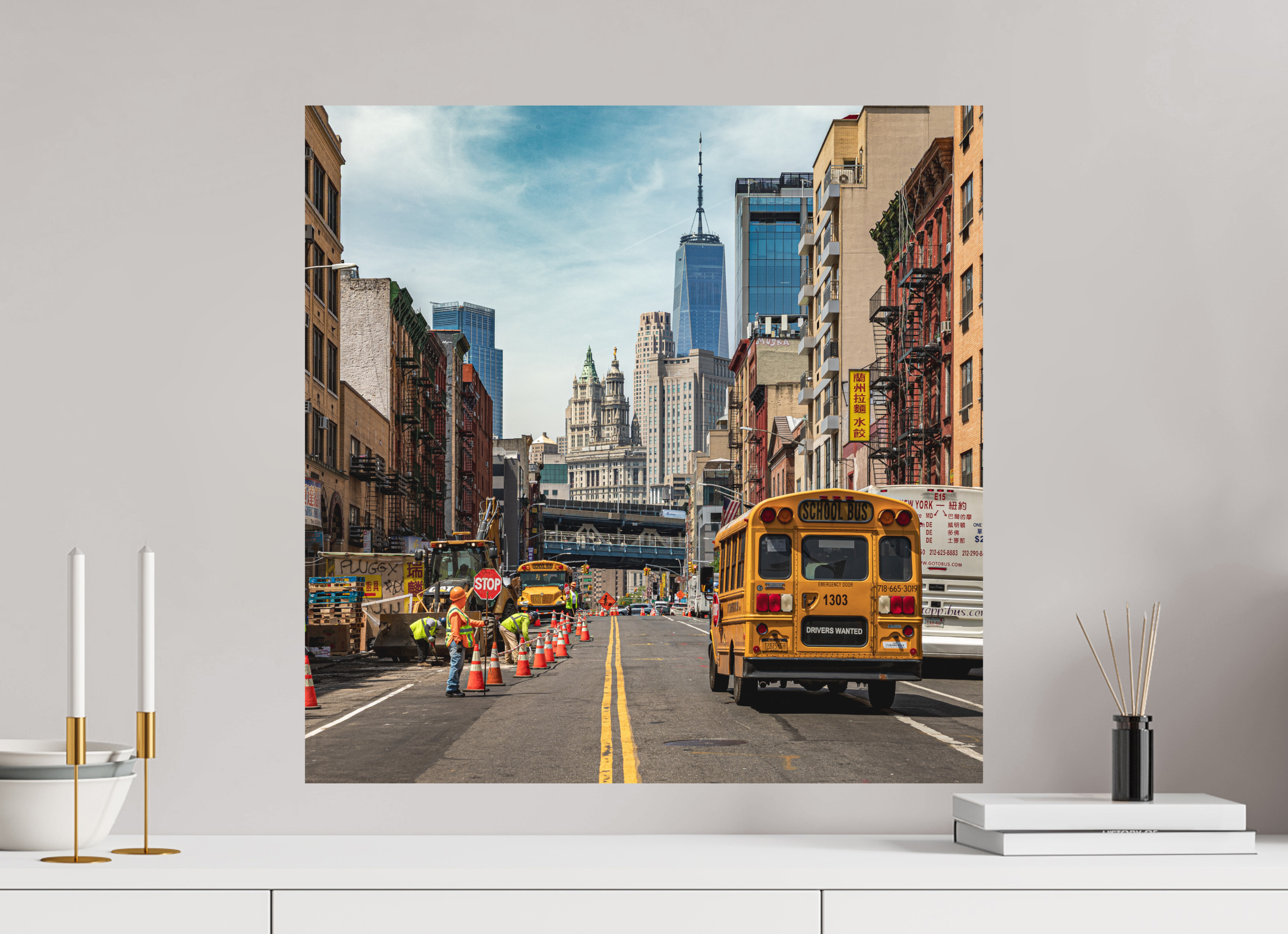 60 x 60 cm, Papier photo couleur Tirage photo [ New York - School Bus Trafic ] - Photographie d'art
