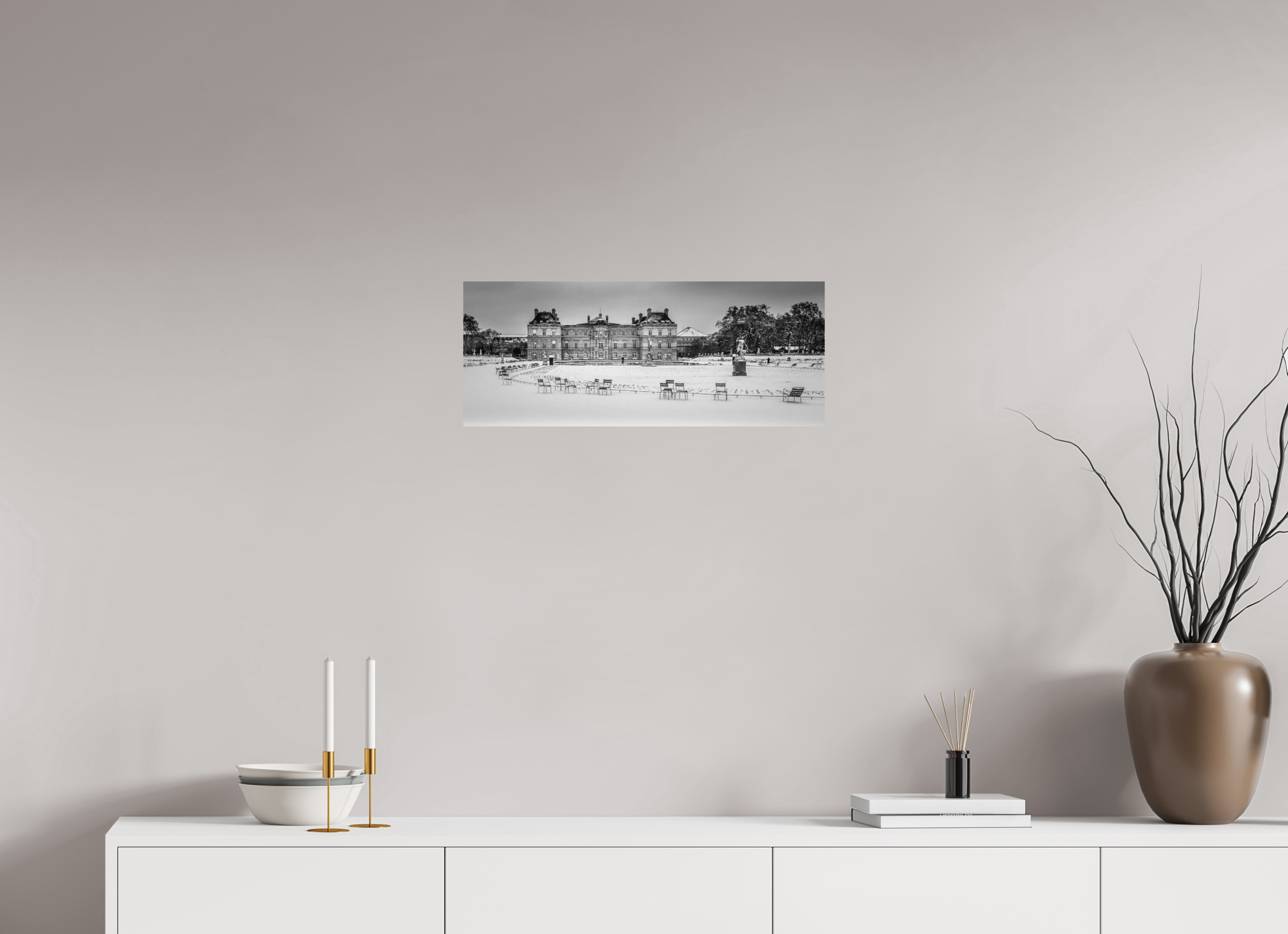 62,3 x 25 cm, Photo papier noir & blanc Tirage photo [ Paris - Winter Silence at Luxembourg Palace ] - Photographie d'art