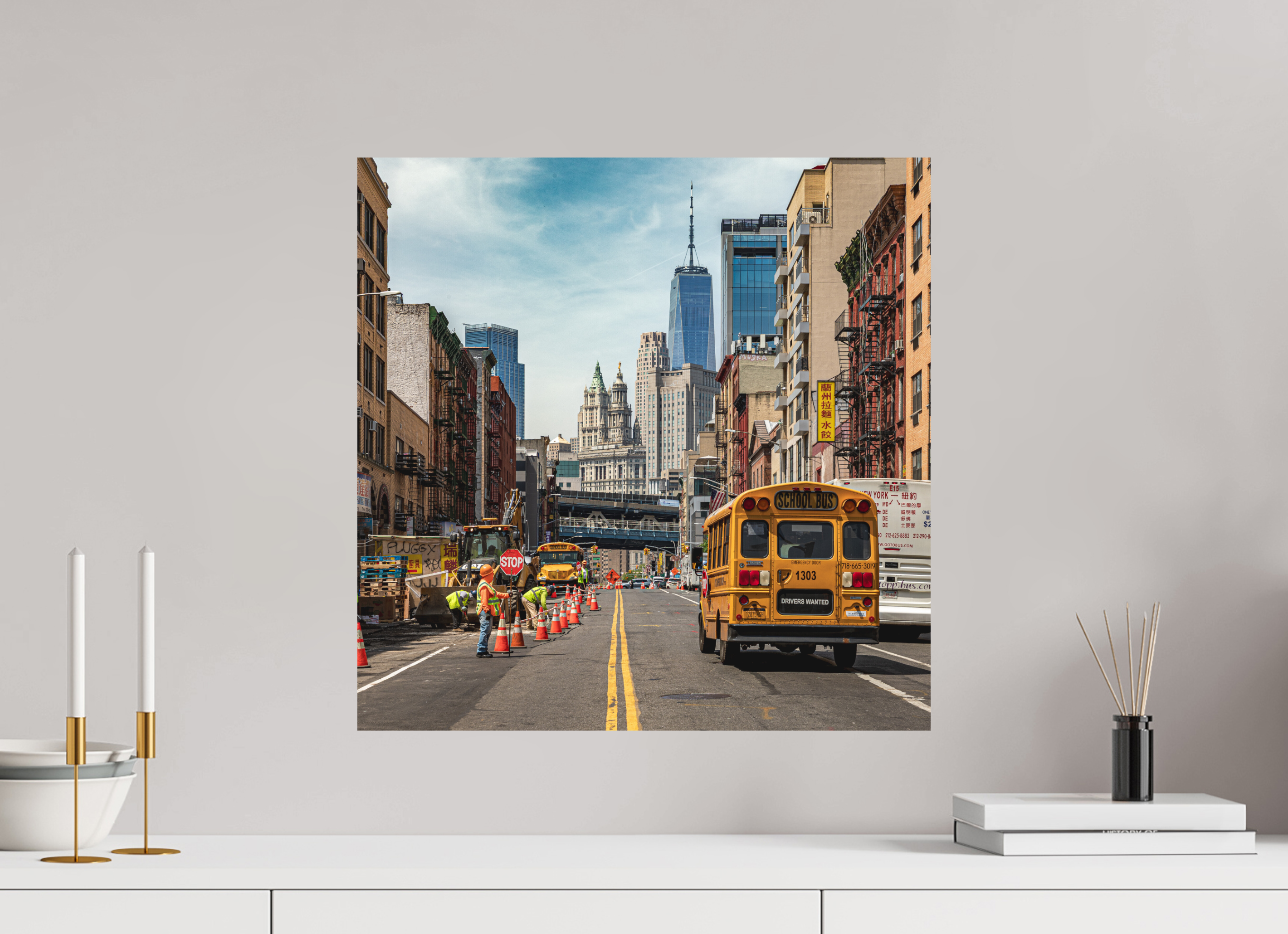 50 x 50 cm, Alu-Dibon couleur Tirage photo [ New York - School Bus Trafic ] - Photographie d'art