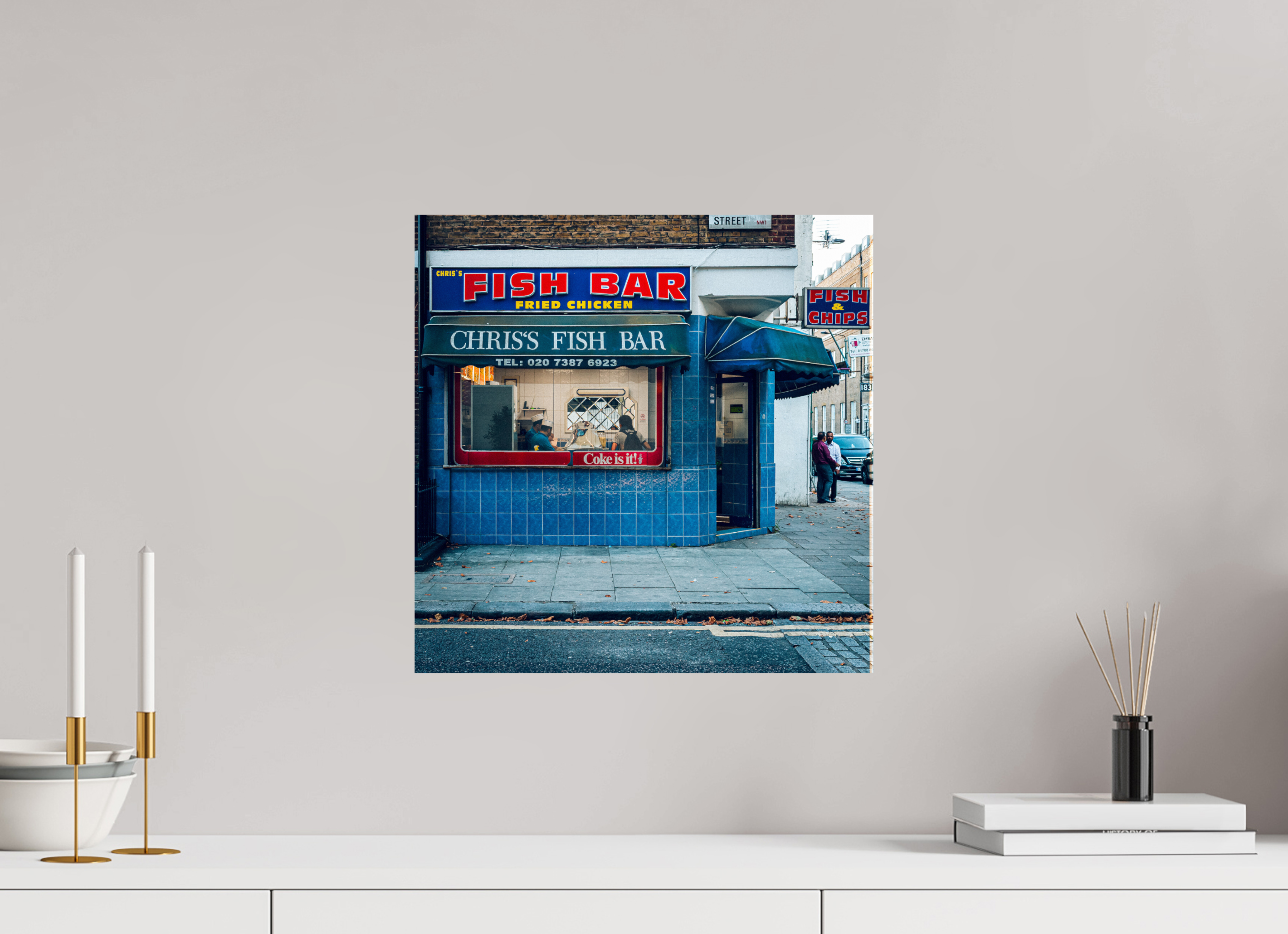40 x 40 cm, Alu-Dibon couleur Tirage photo [ Londres - The Fish Bar ] - Photographie d'art