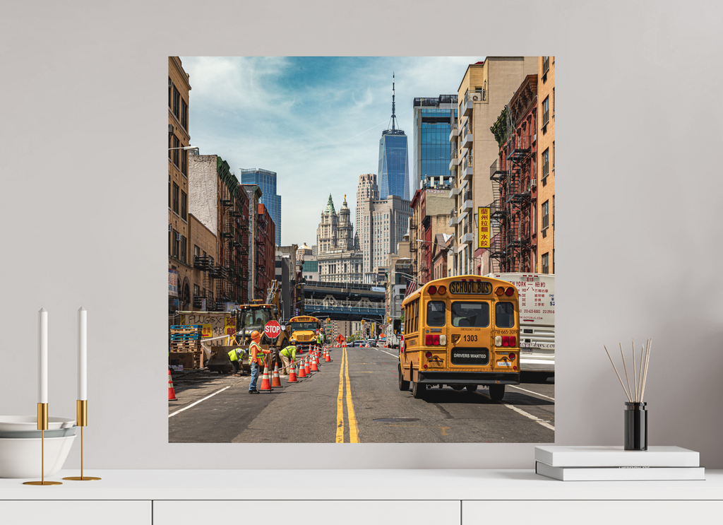 60 x 60 cm, Alu-Dibon couleur Tirage photo [ New York - School Bus Trafic ] - Photographie d'art