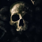 Crâne en gros plan dans les catacombes de Paris, photo carrée avec ambiance sombre et mystérieuse