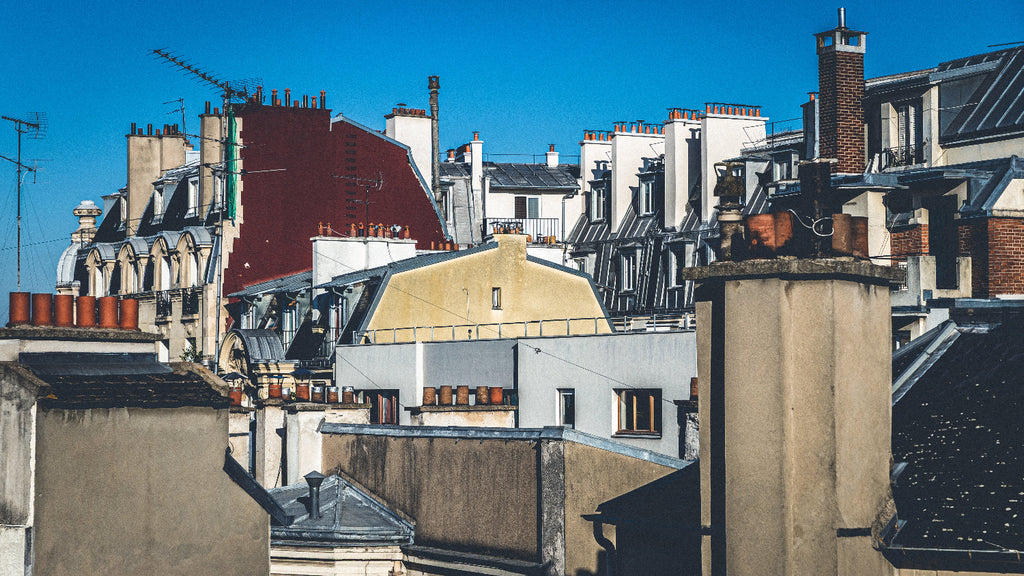Vue en couleur des toits typiques de Paris avec cheminées et zinc sous une lumière naturelle douce